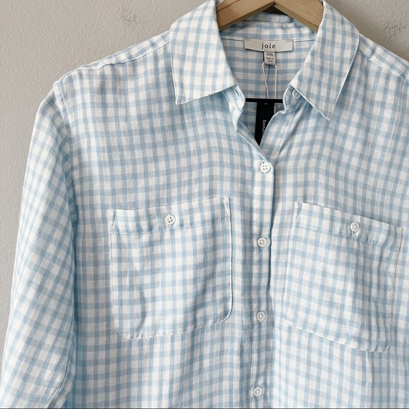 Joie NWT Lidelle Cotton Gauze Button Down Gingham Shirt Blue/White Size XXS $228 - Picture 5 of 14
